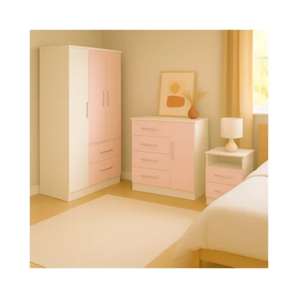 Combo Dormitorio Máximo Placard 3 Puertas + Cómoda 4 Cajones + Mesa de Luz Rosa